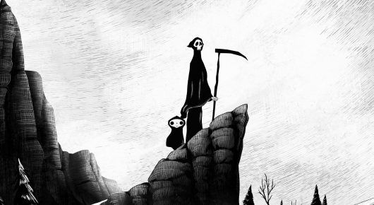 Still from A Little Death: a black-and-white illustration of a hooded figure holding a scythe on a rocky outcrop, with a small figure beside it.
