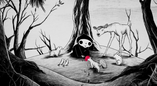 Still from A Little Death: a black-and-white illustration of a small hooded, skull-faced figure among bare, twisted trees, with a spot of pink on the ground.