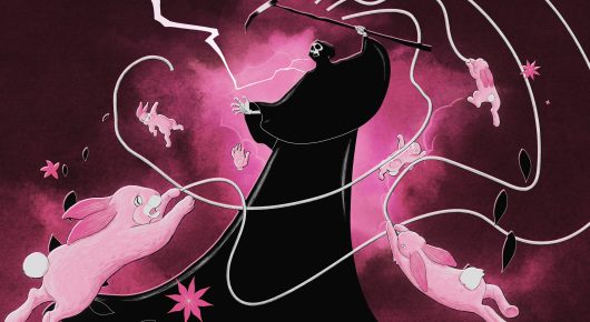 Still from A Little Death: a pink and black illustration of a dark horned figure surrounded by small pink flying creatures and swirling white lines.