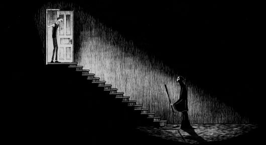 Still from A Little Death: a black-and-white animation of a figure on a dark staircase, with a lit doorway at the top.