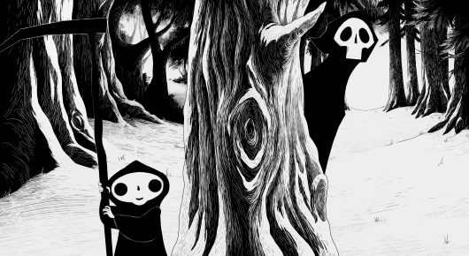 Still from A Little Death: a black-and-white illustration of a hooded, skull-faced figure among tall dark trees in a snowy wood.