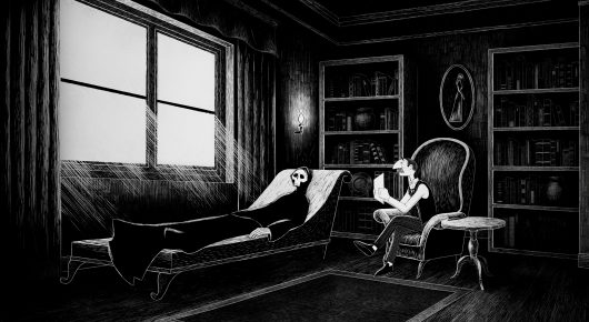 Still from A Little Death: a black-and-white animation of a room with a large window, bookshelves and an armchair, with a figure lying on a chaise longue.