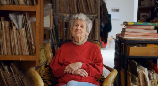 Still from Artists in Residence: an older woman with white hair in a red jumper sits in an armchair surrounded by shelves of books.