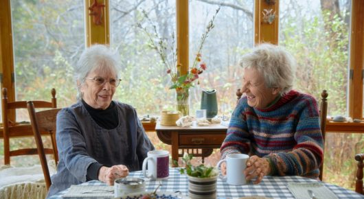 Still from Artists in Residence: two older women sit across a checked tablecloth at a table by large windows.