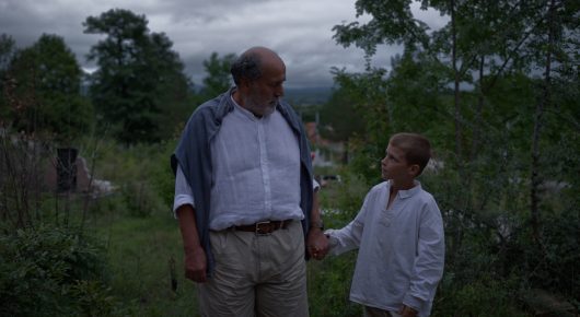 Still from The Beauty of the Donkey: an older man in a blue jacket holds a boy's hand on a green hillside with trees.