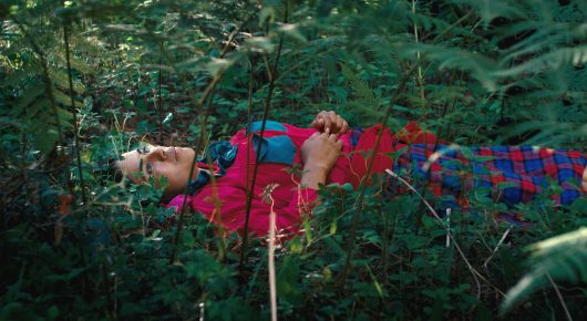 Still from Daughters of the Forest: a person in a red and blue checked jacket lies on their back among ferns in a forest.