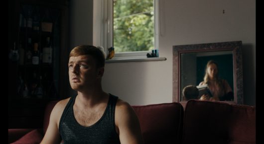 Still from Green Grass: a man in a dark vest sits on a sofa in a living room, looking up, with a window and a mirror behind him.