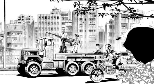 Still from Jeem 1983: black-and-white animation of a military truck with a mounted gun driving through a bombed city street, with a motorbike and soldiers.
