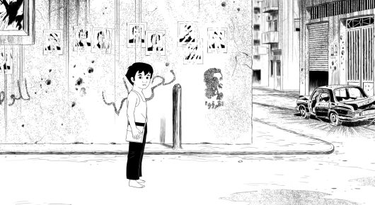 Still from Jeem 1983: a black-and-white animated child in a white shirt stands in a city street in front of a wall of posters, with a car parked beyond.
