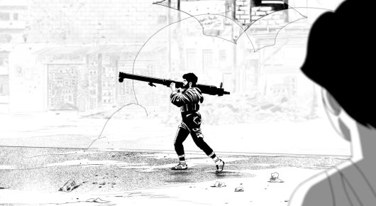 Still from Jeem 1983: a black-and-white animated soldier carries a rocket launcher across a bare street, with a large dark figure at the edge of the frame.