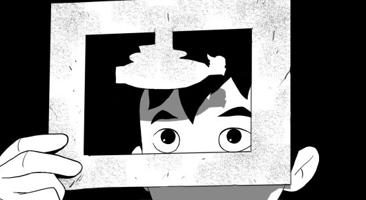 Still from Jeem 1983: black-and-white animation of a child's wide eyes above a white card held up in the foreground.