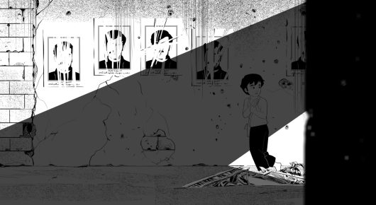 Still from Jeem 1983: a black-and-white animated child stands in the shadow of a wall hung with portrait posters.