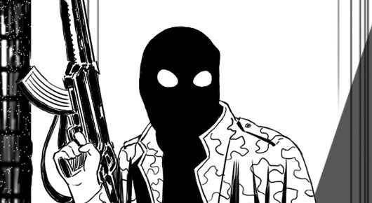 Still from Jeem 1983: black-and-white animation of a masked fighter in camouflage holding a rifle.