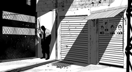 Still from Jeem 1983: a black-and-white animated street with shuttered shops and a small figure standing in the shadow of a doorway.