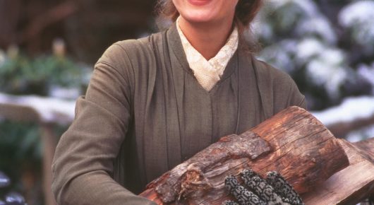 Still from Little Women: a woman in a grey dress with a white collar carries a log in snowy surroundings.