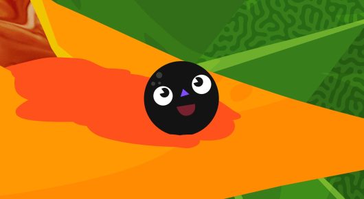 Still from Papaya: an animated black round character with big eyes sits on an orange and red shape.