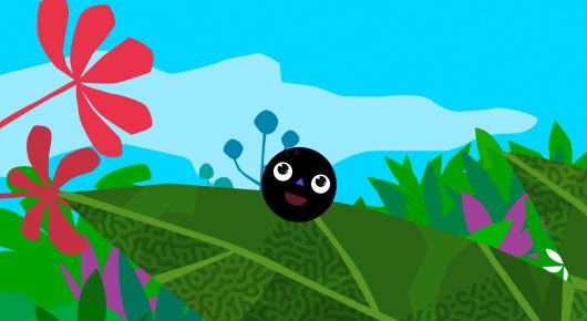 Still from Papaya: an animated black round character peeks over a green hill with red and blue plants under a blue sky.