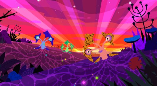 Still from Papaya: an animated alien landscape with purple hills, glowing pink and orange rays in the sky, and strange plants and creatures.