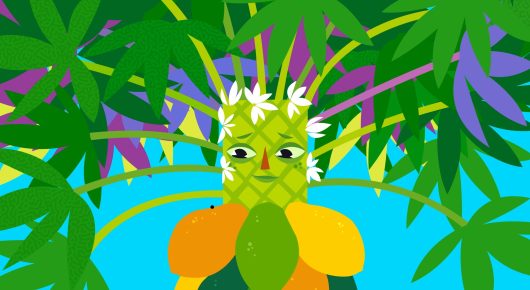 Still from Papaya: an animated green pineapple-shaped character with a flower crown peers out from lush leaves in front of a blue sky.