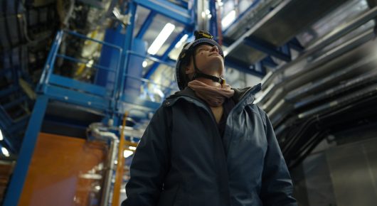 Still from The Peace Particle: a person in a dark jacket looks up inside a large machine hall with steel pipes and blue gantries.