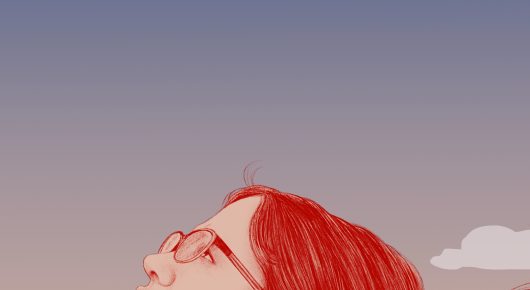 Still from Rocket Girl: an illustration of a person with bright red hair and red-framed glasses looking up at a purple sky with a small cloud.