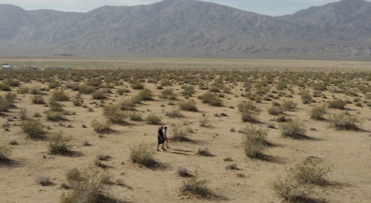 Still from Rocket Girl: a small, distant figure stands on a wide desert plain scattered with shrubs, with mountains behind.