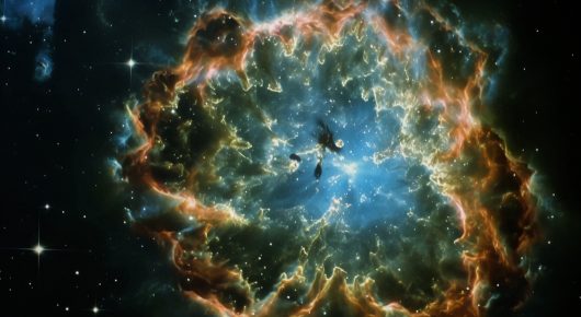 Still from Rocket Girl: a colourful nebula of orange, blue and white gas glows against a starry black sky.