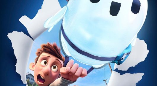 Still from Ron's Gone Wrong: a boy holds on to a large white robot against a bright blue background with torn edges.