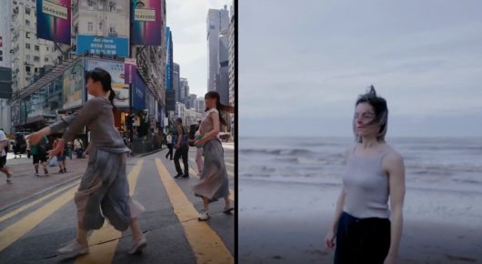 Still from Cambridge Connections: a split image: on the left a woman walks across a busy city street among tall signs, and on the right a woman stands on a grey beach.