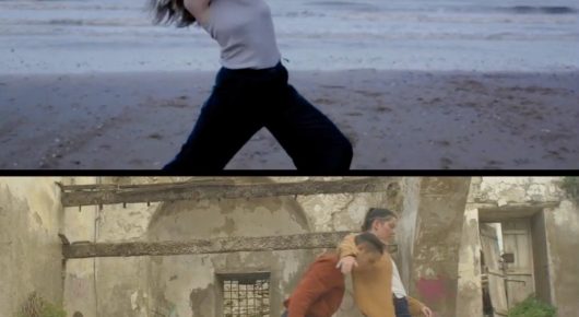 Still from Cambridge Connections: a split image: a dancer in a white top and black trousers on a beach above a person walking through a ruined stone building.
