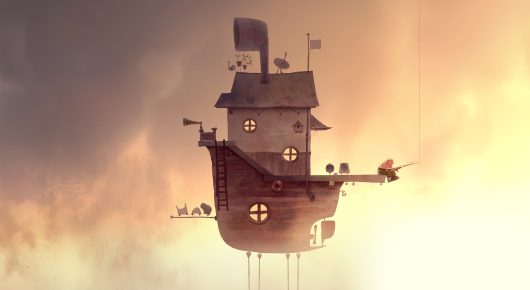 Still from Saba: a small house with a chimney and lit windows stands on thin stilts in a hazy golden sky.