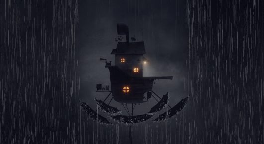 Still from Saba: the house on stilts in the dark under heavy rain, with its windows lit.