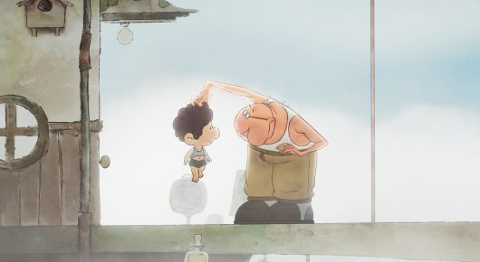 Still from Saba: two animated characters, a girl in a dress and a large man, stand on a wooden platform against a white sky.