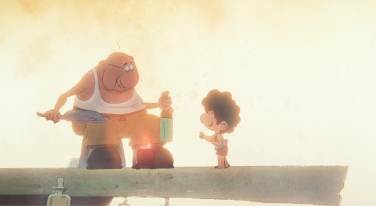 Still from Saba: an animated large man in a white vest and a small child sit on a wooden plank with a small bottle between them.