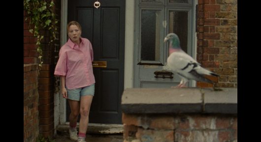 Still from The Pigeon: a woman in a pink shirt stands in the doorway of a red-brick house while a pigeon sits on the step beside her.
