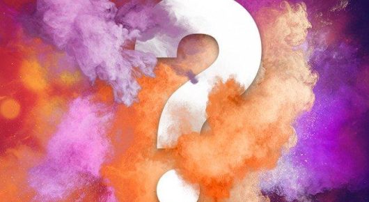 Graphic of a large white question mark against billowing purple, pink and orange smoke.