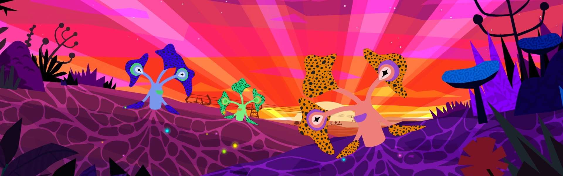 Still from Papaya: an animated alien landscape with purple hills, glowing pink and orange rays in the sky, and strange plants and creatures.