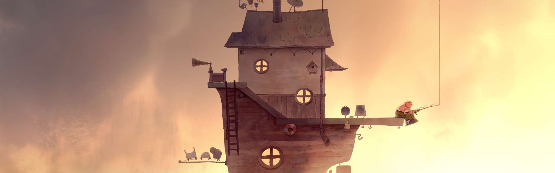 Still from Saba: a small house with a chimney and lit windows stands on thin stilts in a hazy golden sky.