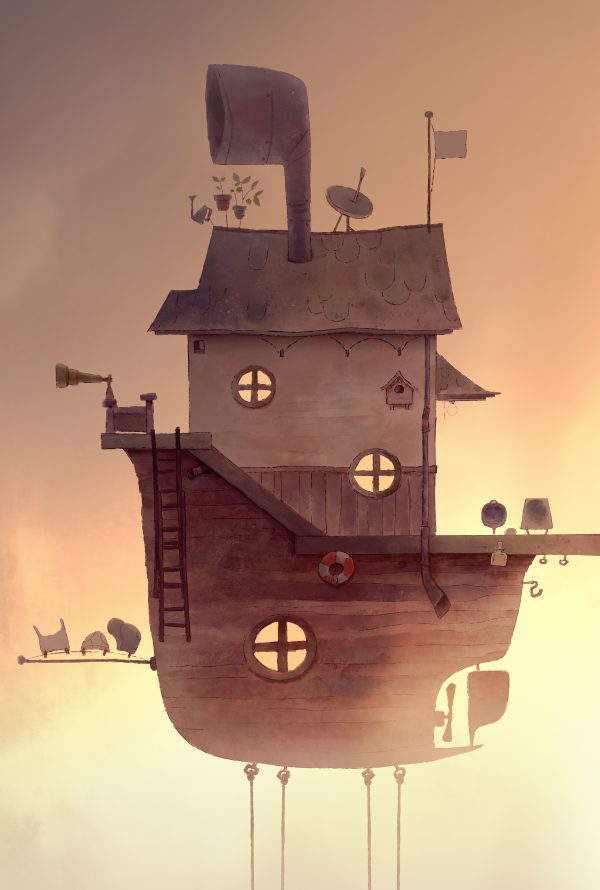 Still from Saba: a small house with a chimney and lit windows stands on thin stilts in a hazy golden sky.