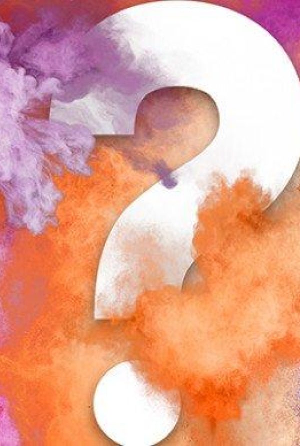 Graphic of a large white question mark against billowing purple, pink and orange smoke.